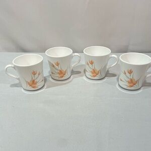 Vintage Corelle Corning Peach Floral Coffee Mugs 8 Oz 3.5" White 1987 Set of 4
